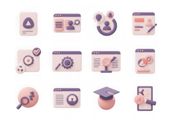 Assortment of purple and pink 3d icons for digital, educational, and business themes, presented on a transparent background