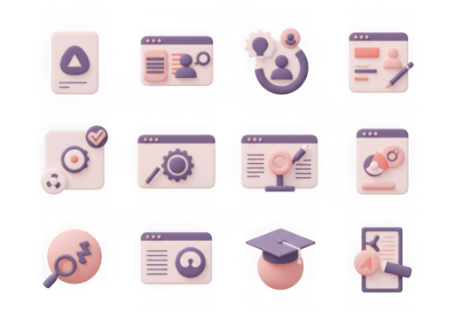 Assortment of purple and pink 3d icons for digital, educational, and business themes, presented on a transparent background