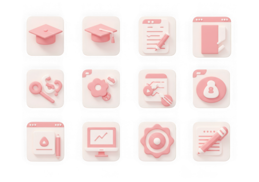 Collection of pink and white 3d icons for digital and educational themes, isolated on a transparent background
