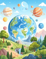 Colorful planets around Earth, landscape