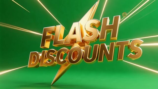 Dynamic 3D text "Flash Discounts" with lightning bolt and glowing lines on green background, conveying urgency and excitement for sales.