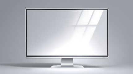 Fototapeta premium A modern, minimalist computer monitor, showcasing a blank, white screen against a neutral gray backdrop, casts subtle shadows from an unseen light source.