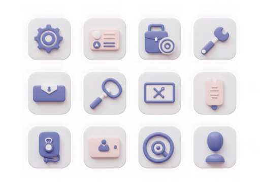 Group of 12 flat design 3d icons with rounded corners for business and tech, isolated on transparent background