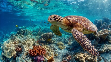 Fototapeta premium Giant sea turtle swimming gracefully over colorful coral reef crystal clear water showing vibrant marine life underwater wildlife scene