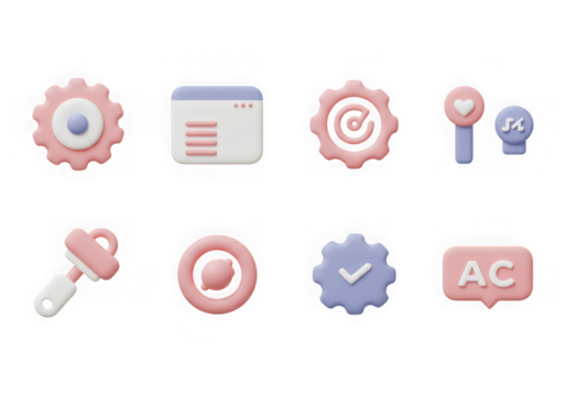 Collection of eight 3d icons in pastel pink and blue, featuring gears, analytics, and communication symbols, isolated on white isolated on transparent background