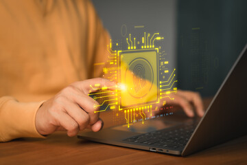Futuristic biometric fingerprint authentication system on laptop with glowing digital circuit,...