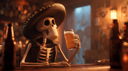 Skeleton wearing a sombrero enjoying a cold beer at a bar