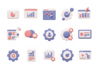 Collection of 3d flat design icons for business analytics and digital strategy, isolated on transparent background