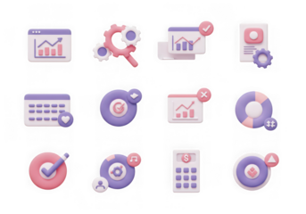Collection of 3d pastel icons representing business analytics, finance, and project management, isolated on transparent background