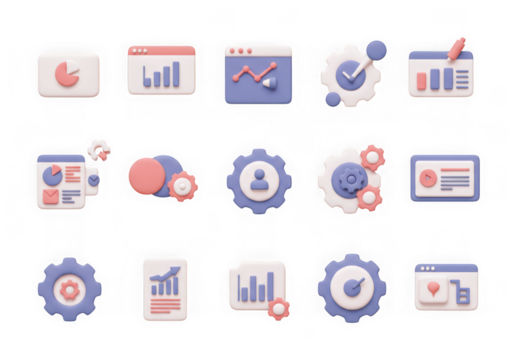 Collection of 3d flat design icons for business analytics and digital strategy, isolated on transparent background