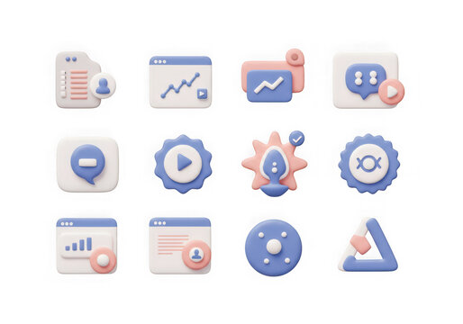 Assortment of 3d pastel icons for business, technology, and communication, isolated on transparent background