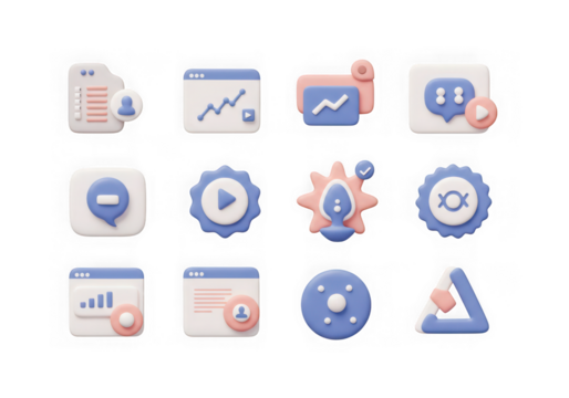 Assortment of 3d pastel icons for business, technology, and communication, isolated on transparent background
