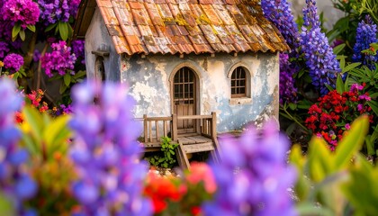 Enchanting miniature cottage surrounded by vibrant flowers in a dreamy garden setting