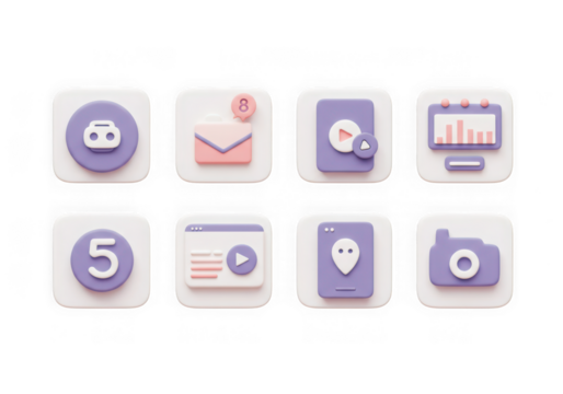 Selection of 3d pastel icons for digital applications, communication, and creative content, isolated on transparent background