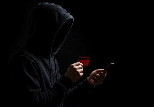 A faceless figure in a black hoodie holds a red credit card and smartphone, symbolizing cybercrime, identity theft, or online fraud in a dark, moody setting. - Powered by Adobe