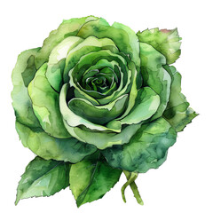 Fototapeta premium Single watercolor green rose with leaves on transparent background