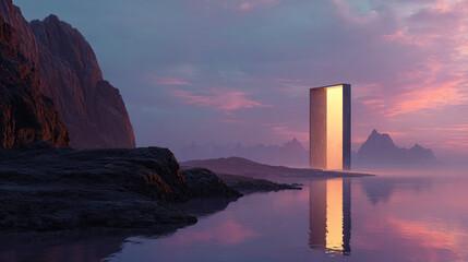Mystical Monolith Tranquil Reflection at Twilight's Edge