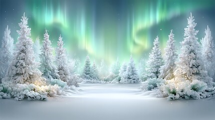 Fototapeta premium Snow Covered Evergreen Forest Illuminated by Aurora Borealis