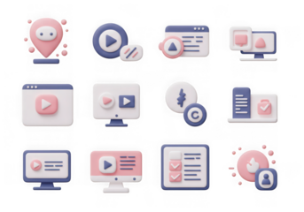 Assortment of 3d icons for video content, media playback, and online platforms, isolated on transparent background