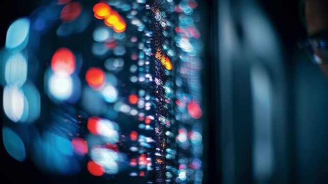 Focused medium shot of a secure server accessing redaction pipeline records with technician adjusting controls in soft blur behind reflecting intense data protection.