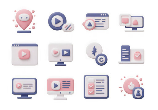 Assortment of 3d icons for video content, media playback, and online platforms, isolated on transparent background