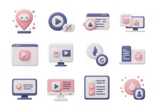 Assortment of 3d icons for video content, media playback, and online platforms, isolated on transparent background