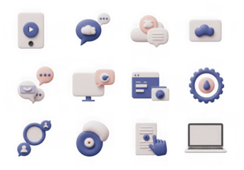 Compilation of 3d icons for messaging, collaboration, and online services, isolated on transparent background