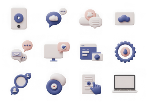 Compilation of 3d icons for messaging, collaboration, and online services, isolated on transparent background
