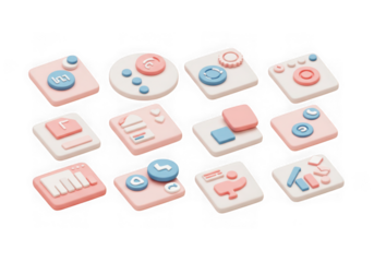 Assortment of 12 3d icons with pastel colors for interface and digital elements, isolated on transparent background