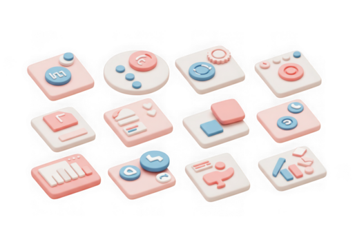 Assortment of 12 3d icons with pastel colors for interface and digital elements, isolated on transparent background
