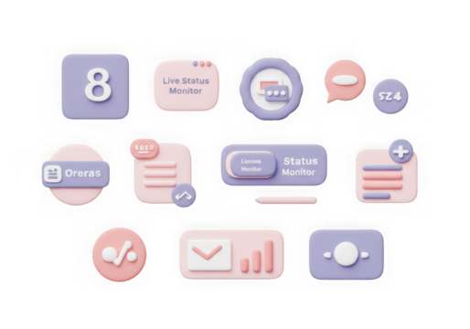 Collection of pastel 3d ui icons and elements for user interface design, isolated on transparent background