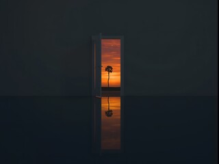Minimal surreal concept of open door revealing sunset with palm tree against dark space, symbolic vision of escape, opportunity, imagination, freedom and new possibilities