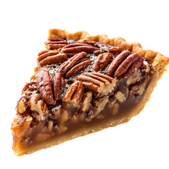 A slice of pecan pie with a golden-brown crust and glossy caramelized topping.