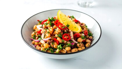 Delicious homemade bean salad with lemon, onion, parsley and pepper served in a bowl