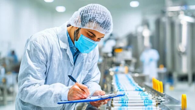 Serious medical worker in mask and protective uniform checking product quality and production line at pharmacological factory. Health, medicine and quality control concept