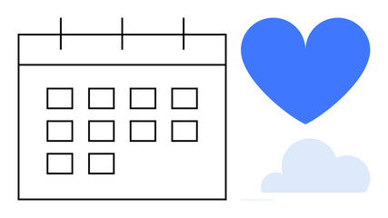 Minimalistic calendar grid with blue heart and cloud suggesting scheduling, care, and clarity. Ideal for planning, organization, healthcare, mindfulness, self-care, productivity simple landing page