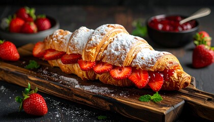 Fresh croissant filled with strawberries and jam
