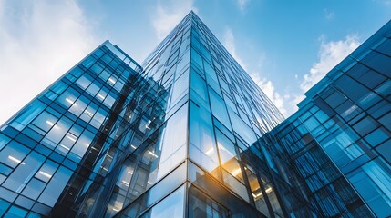 Obraz premium Modern glass skyscrapers rise against a vibrant blue sky, showcasing intricate architectural design and reflecting the light.