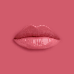 Woman's lips against background matching color of her lipstick