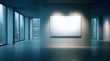 An empty gallery space with a large blank canvas, showcasing a modern architectural interior design, featuring illuminated walls and city lights visible through large windows.