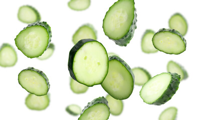 Pieces of fresh cucumbers falling on white background