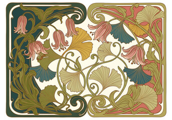 Elegant Art Nouveau floral illustration featuring stylized pink bell flowers and swirling ginkgo biloba leaves on a cream background