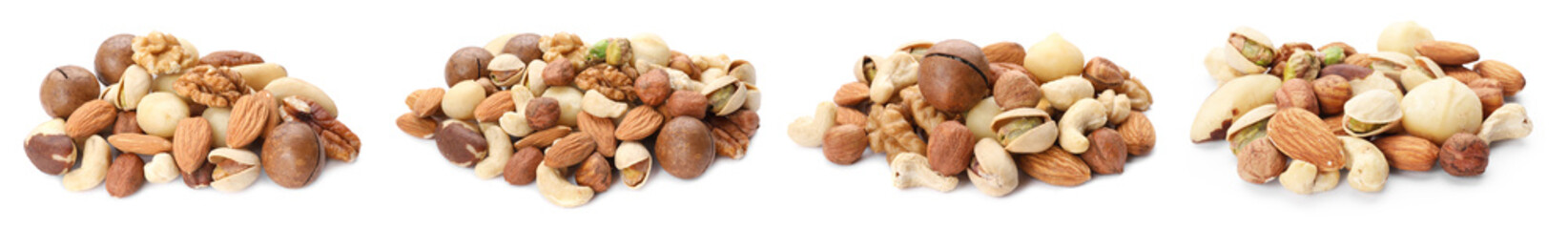 Nuts mix in heaps isolated on white, set