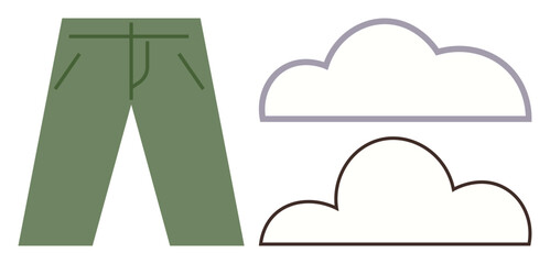 Green trousers with two minimalist cloud drawings, one outlined in gray, the other in black. Ideal for fashion, outdoor, minimalism, eco-friendliness, style, weather concepts simple flat metaphor