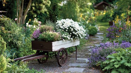 A rustic wooden cart overflowing with white and purple flowers in a lush, green cottage garden with a stone path.