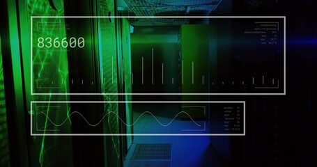 Displaying digital HUD overlay in data center corridor, with server cabinets and green LED panels
