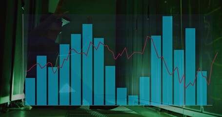 Reaching technician in dark shirt inspecting server rack in data center aisle, with chart overlay