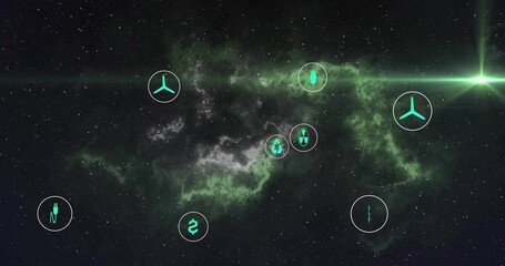 Nebula cloud stretching across deep space, with neon turquoise UI markers and green light flare