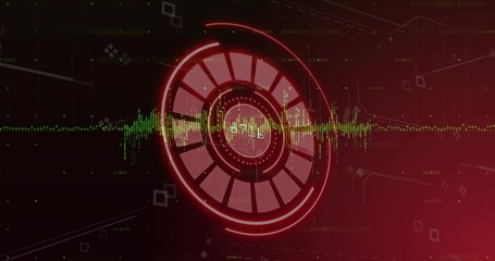 Central red circular HUD element glowing in interface display, with green waveform and data nodes