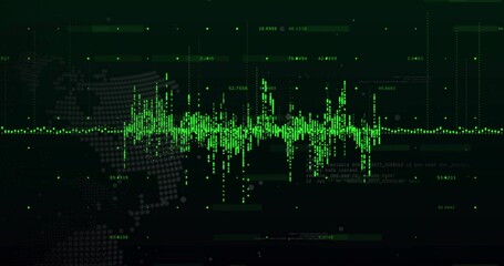 Displaying green waveform across console with grid lines, map silhouette and code fragments